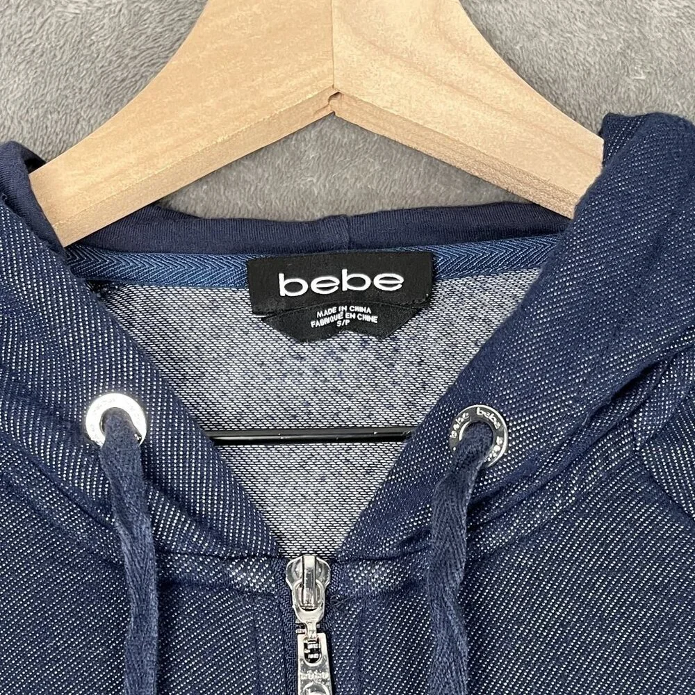 Bebe Rhinestone Logo Zip Hoodie Women’s Small Dark Blue Y2K 2000 Retro Lace Trim